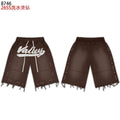 VALEFOREVER Brown Washed Rhinestone Shorts with Script Logo & Fringe Hem