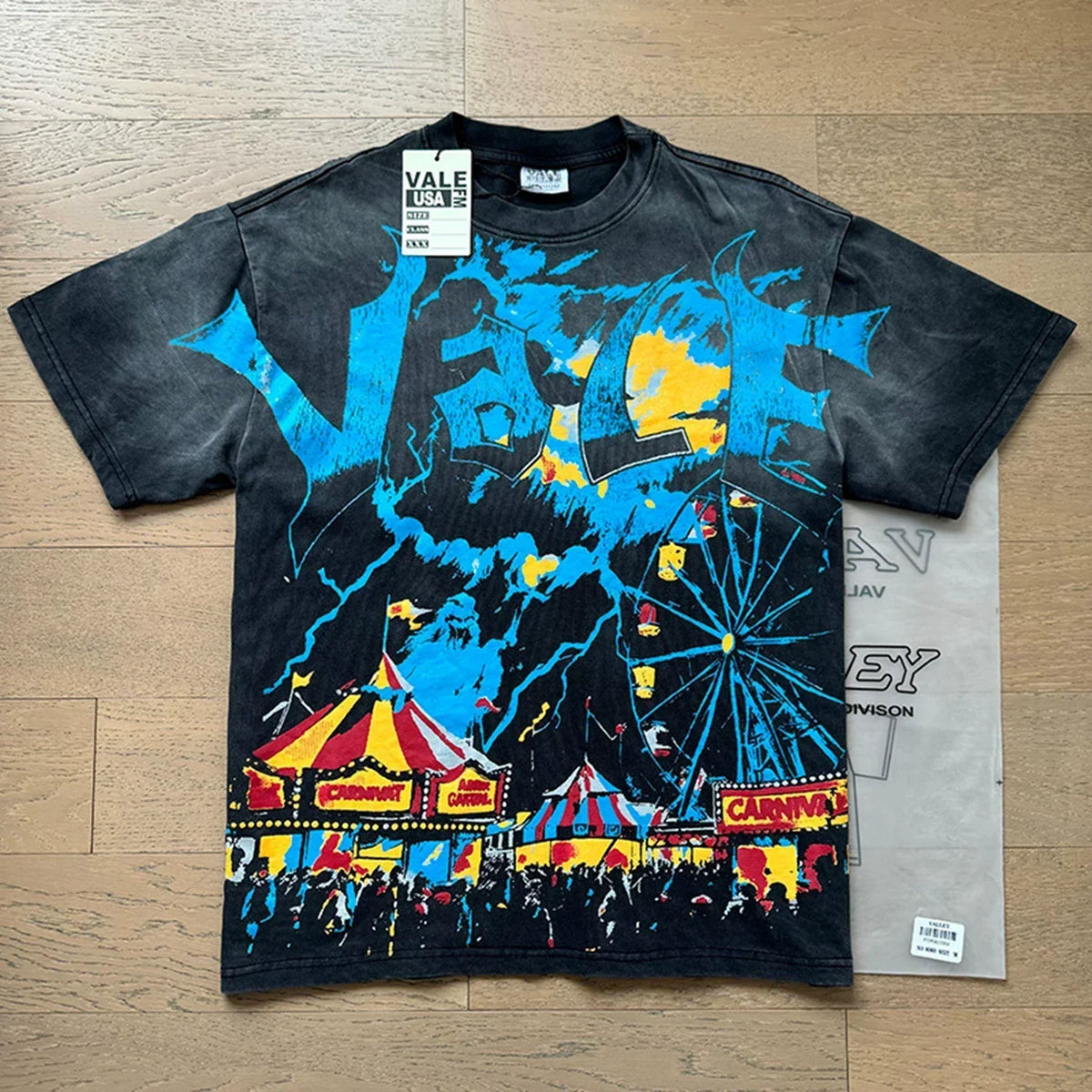 VALEFOREVER Black Washed Carnival Ferris Wheel Valley Fest Vintage Graphic T-Shirt